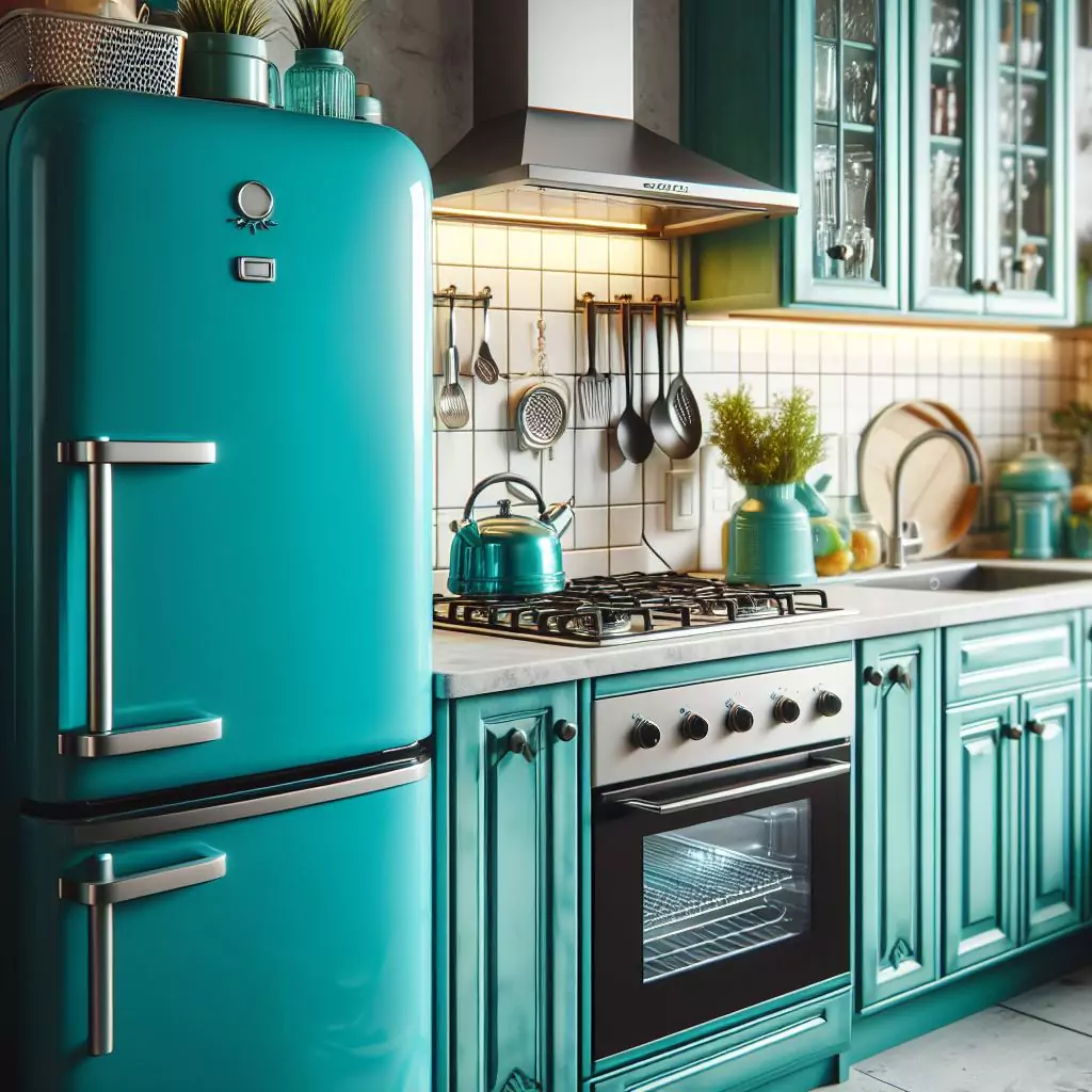 a close look of A vibrant teal fridge in a kitchen. The countertop has a gas stove, stainless steel kitchen sink and faucet, and dishwasher