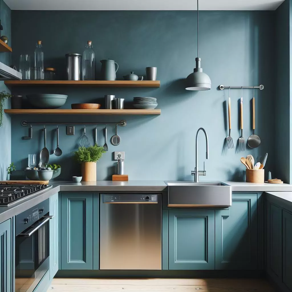 a closer look of a minimalist Kitchen painted teal on the walls. The countertop has a gas stove, stainless steel kitchen sink and faucet, and dishwasher
