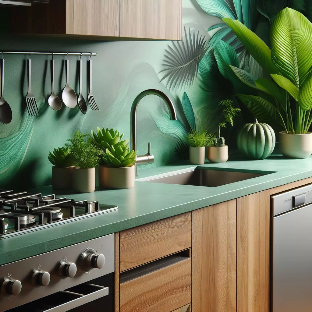Kitchen with vibrant tropical green shades, evoking a sense of nature and freshness, creating a lively and invigorating atmosphere.