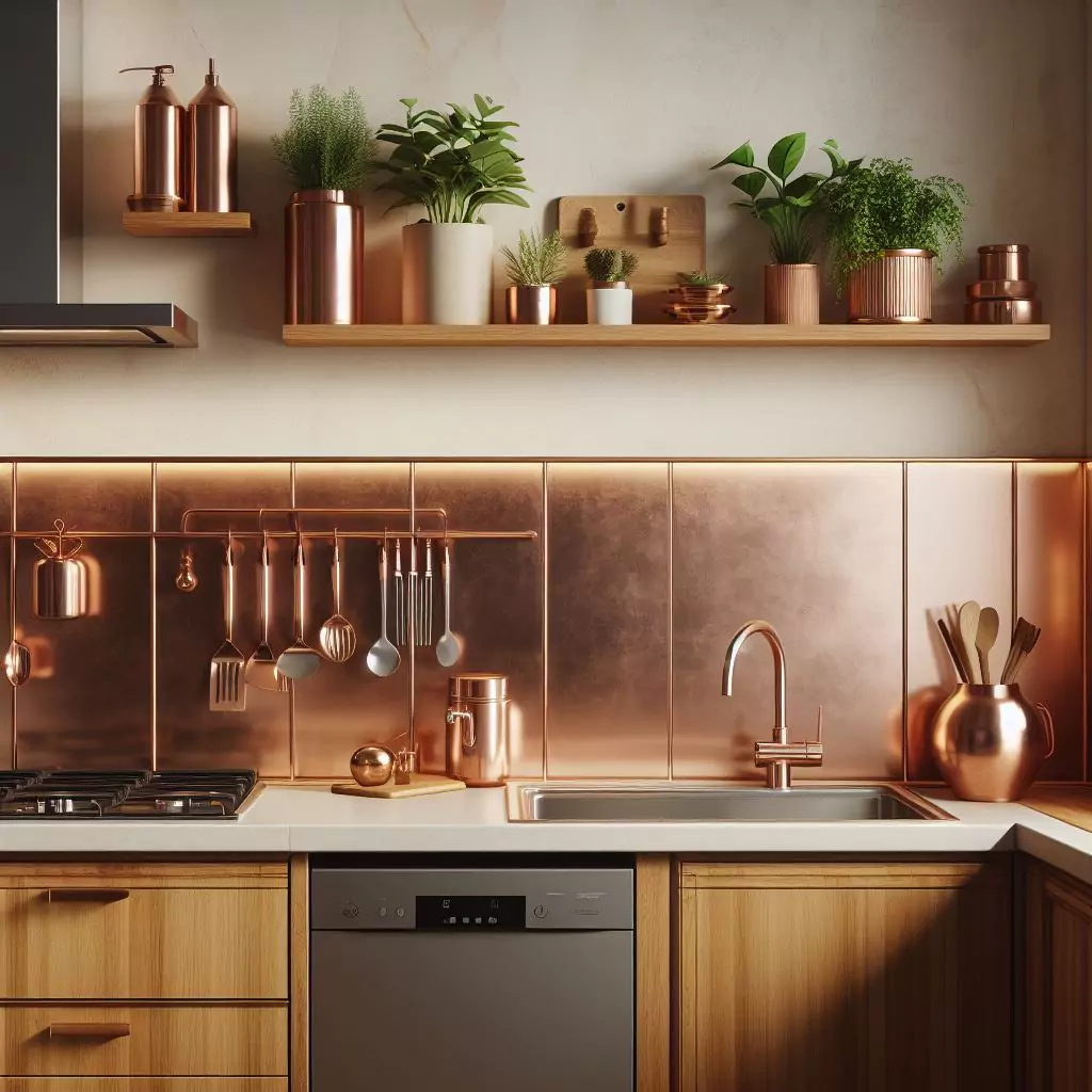 A closer look of a Kitchen wall with warm copper accents. The countertop has a gas stove, stainless steel kitchen sink with  a potted plant, and a dishwasher