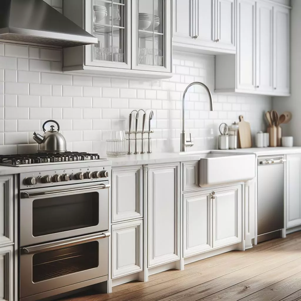 a closer look of a classic white kitchen walls for in a modern minimalistic kitchen.The countertop has a gas stove, stainless steel kitchen sink and faucet, and dishwasher