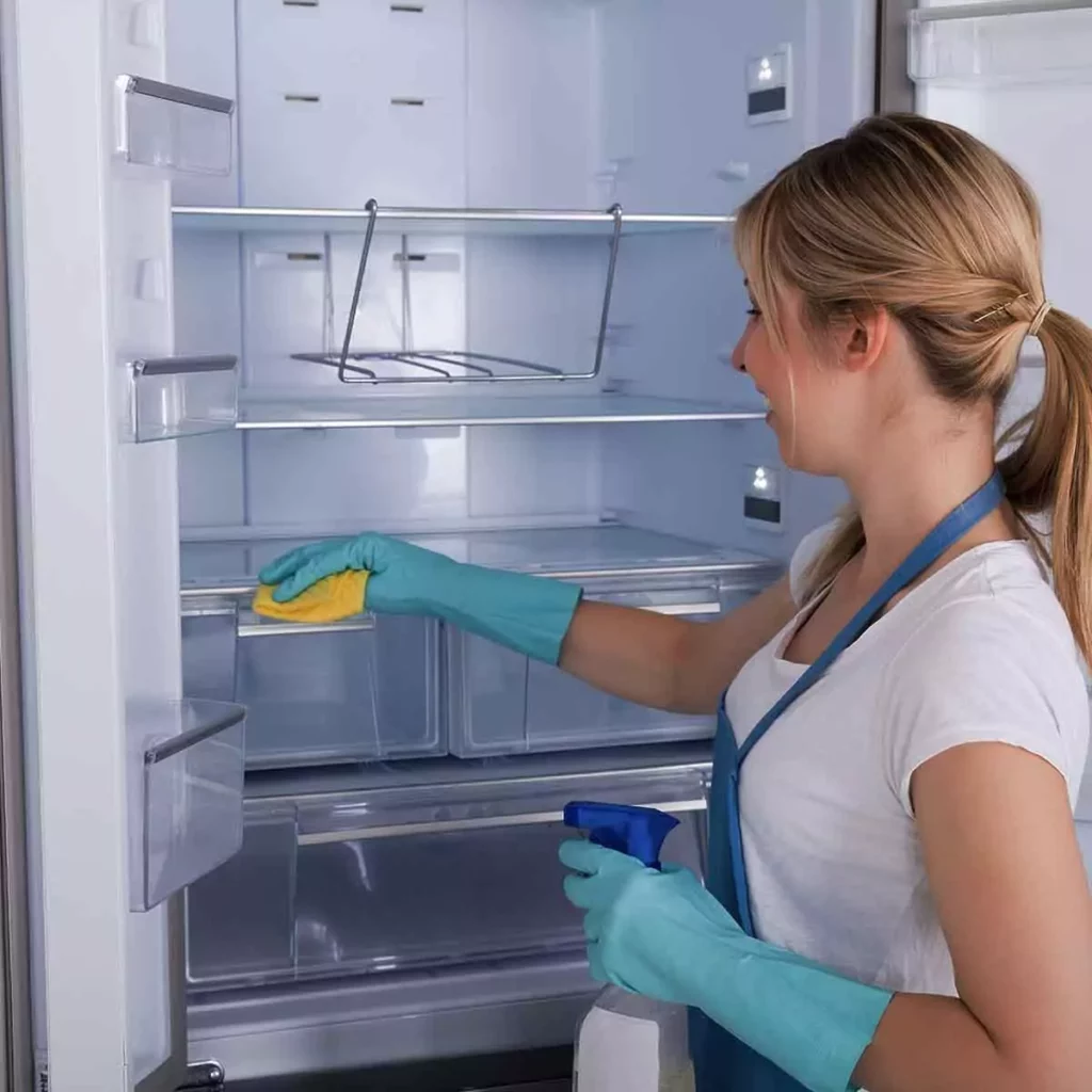 A person wearing a white shirt and blue gloves is cleaning the inside of an empty refrigerator with a yellow cloth.