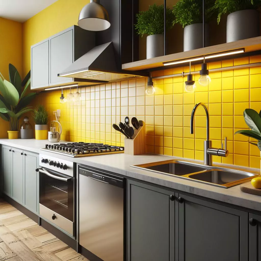     a closer look of a Kitchen with bright yellow accents on the walls. The countertop has a gas stove, stainless steel kitchen sink with a faucet, a potted plant and dishwasher
