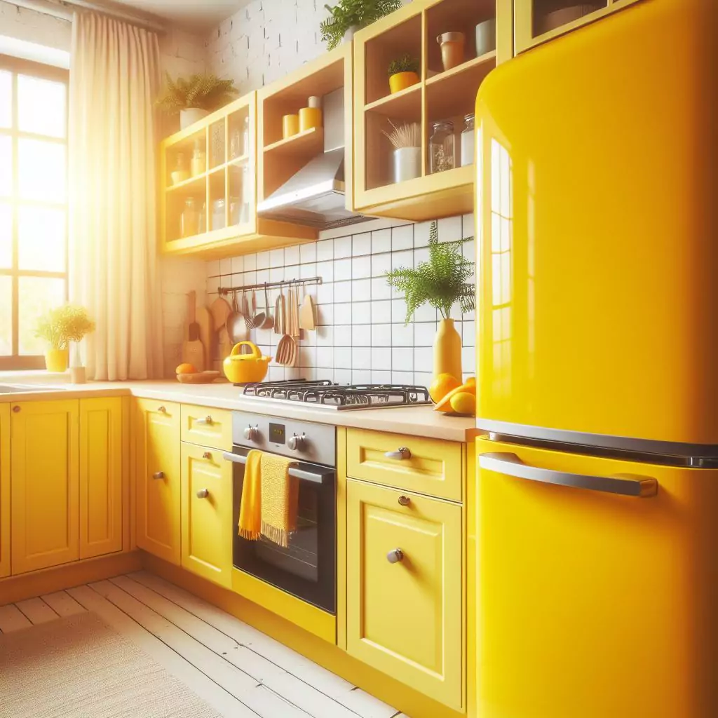 a close look of A sunny yellow fridge in a kitchen, adding a cheerful and brightening effect, infusing warmth and energy into the room for a welcoming atmosphere. The countertop has a gas stove, stainless steel kitchen sink and faucet, and dishwasher