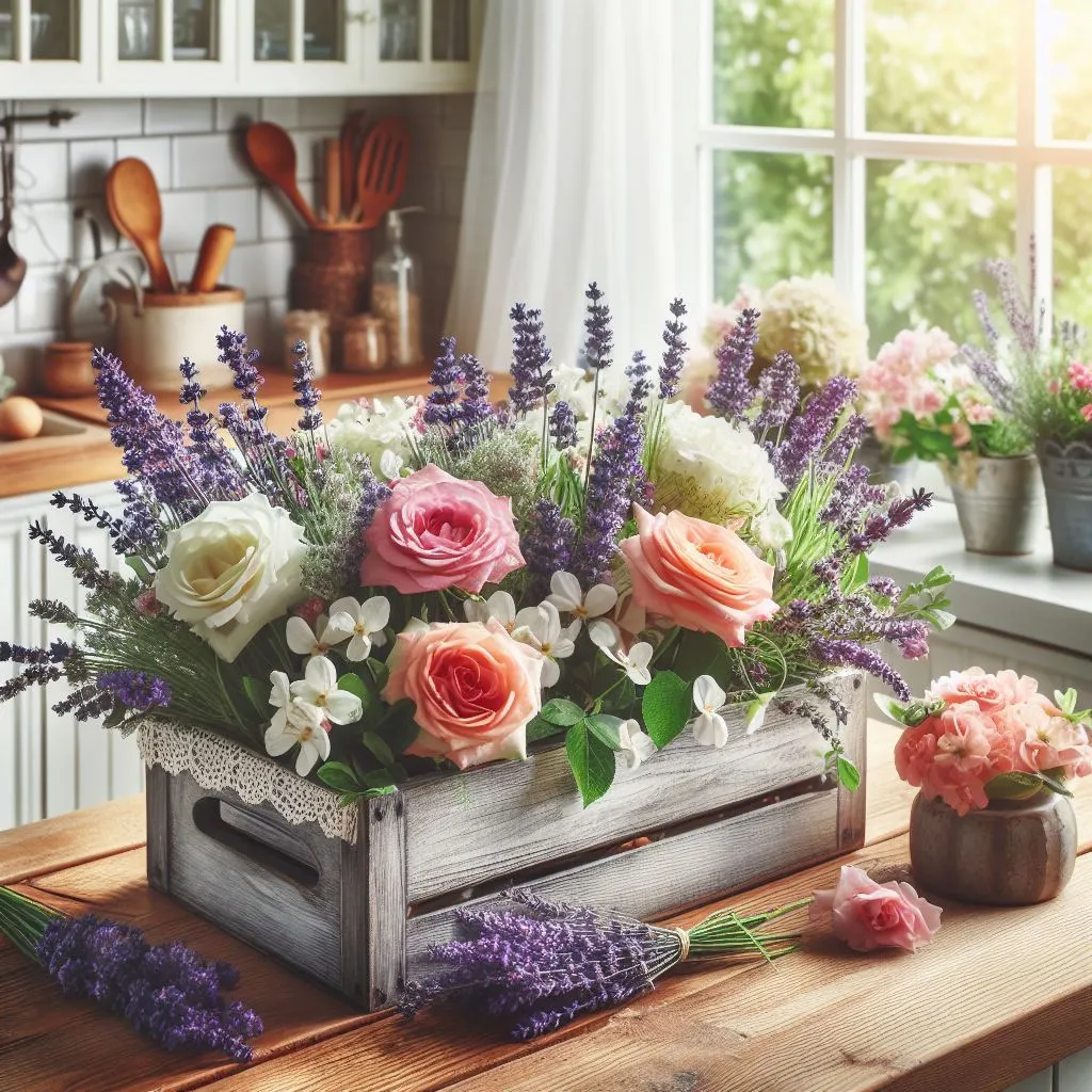 Fresh flowers like lavender, roses, or jasmine in a window box in a kitchen, enhancing the ambiance with delightful scents and vibrant colors.