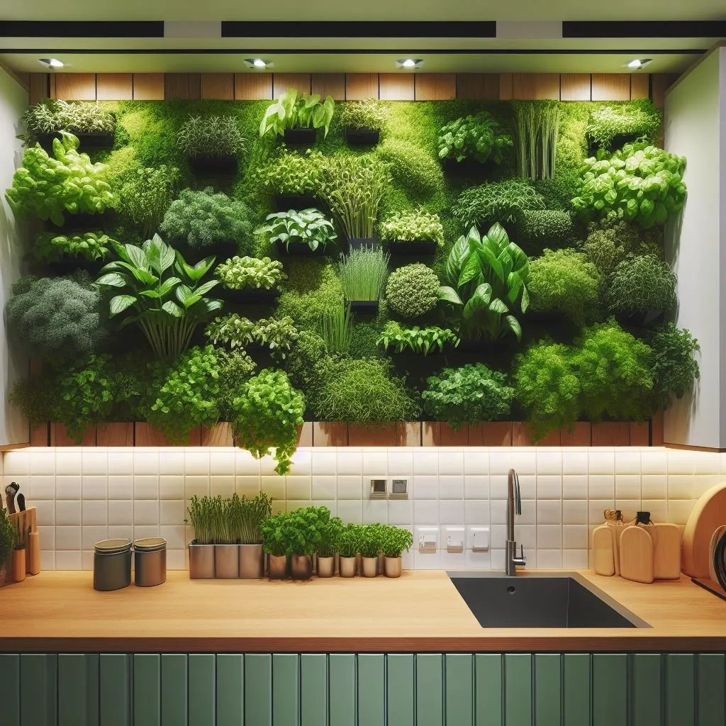 A green wall, also known as a living kitchen garden, installed in a kitchen, showcasing herbs, greens, and small vegetables growing vertically, creating a sustainable and visually stunning decor element.