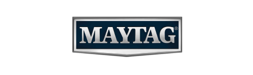 MAYTAG logo in bold white letters against a dark blue background, enclosed within a silver rectangular border.
