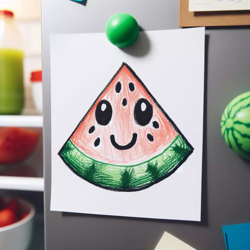 a kids hand drawn water melon on a piece of paper placed on the fridge door