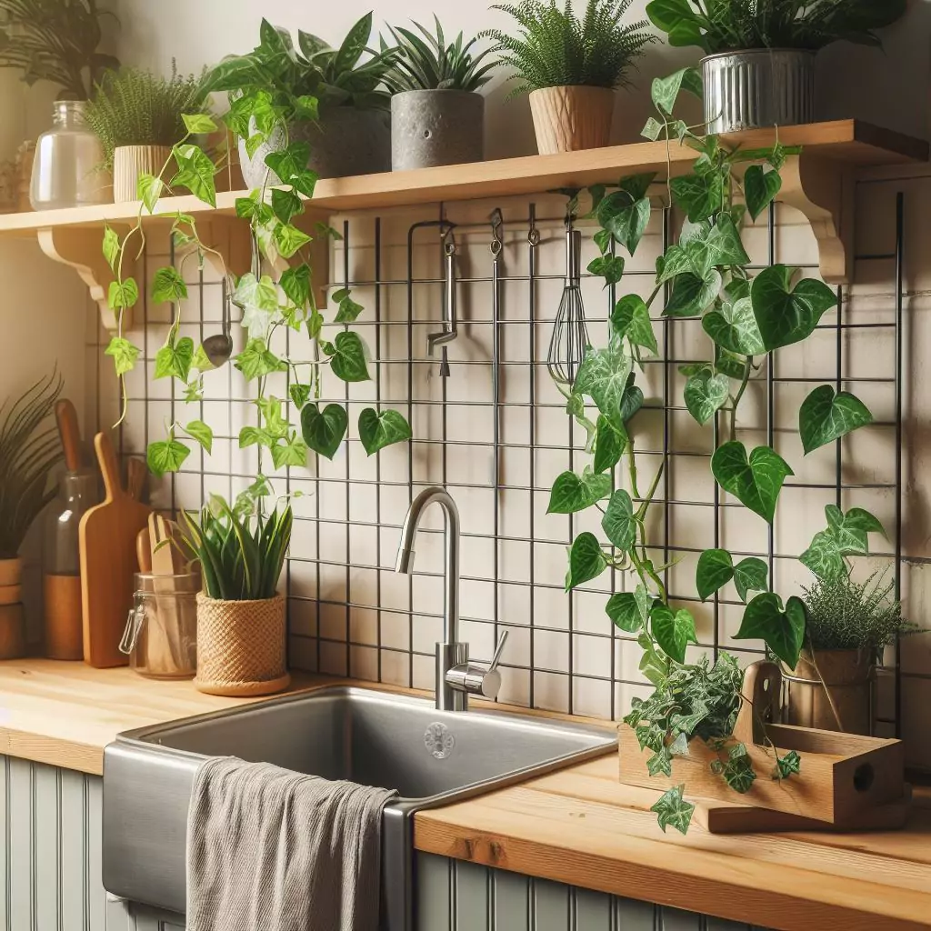  "Climbing plants like pothos or ivy growing on a trellis near the sink in a kitchen, adding a touch of greenery and bringing a refreshing vibe to kitchen chores."