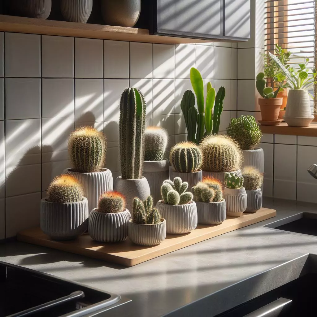 A cluster of cacti arranged on a sunny ledge in a kitchen, showcasing their resilience and suitability for bright light conditions in kitchen decor.