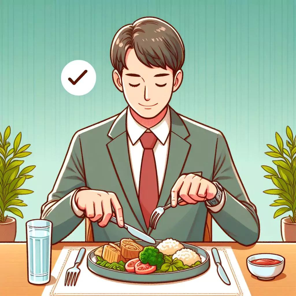 Illustration of someone in the dining table using the continental dining style to eat food, fork in the left hand, knife in the right for cutting