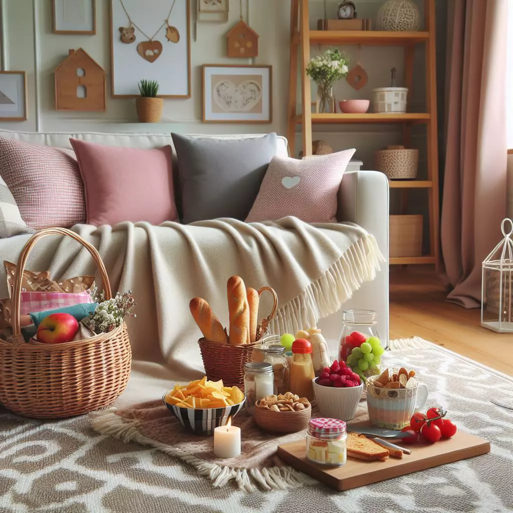 "Indoor picnic setup with a cozy blanket in the living room or kitchen, featuring a basket of kid-friendly snacks for a delightful and relaxed mealtime on rainy days."

