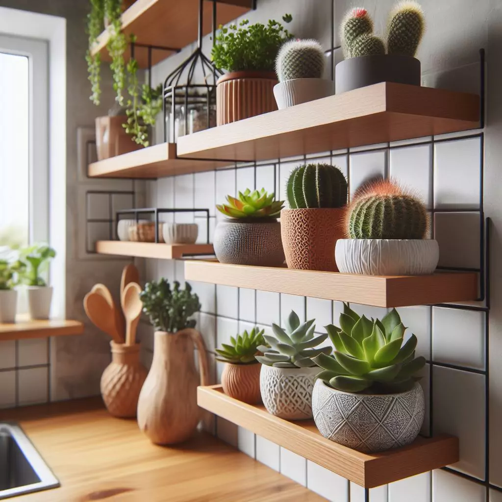 "Floating shelves in a kitchen adorned with small potted plants like succulents, cacti, or trailing vines, adding a touch of nature without taking up valuable counter space."