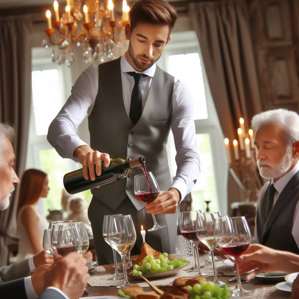 Host pouring wine for guests in the dining space