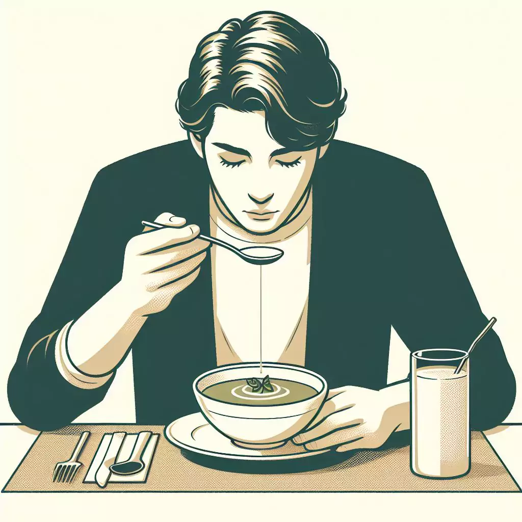 "A person elegantly sipping soup from a bowl using a spoon, demonstrating proper dining etiquette without slurping, in a quiet and graceful manner."