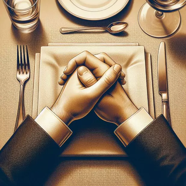 Hands resting visibly above the table with wrists on the edge, a polite and respectful gesture in formal French dining etiquette.