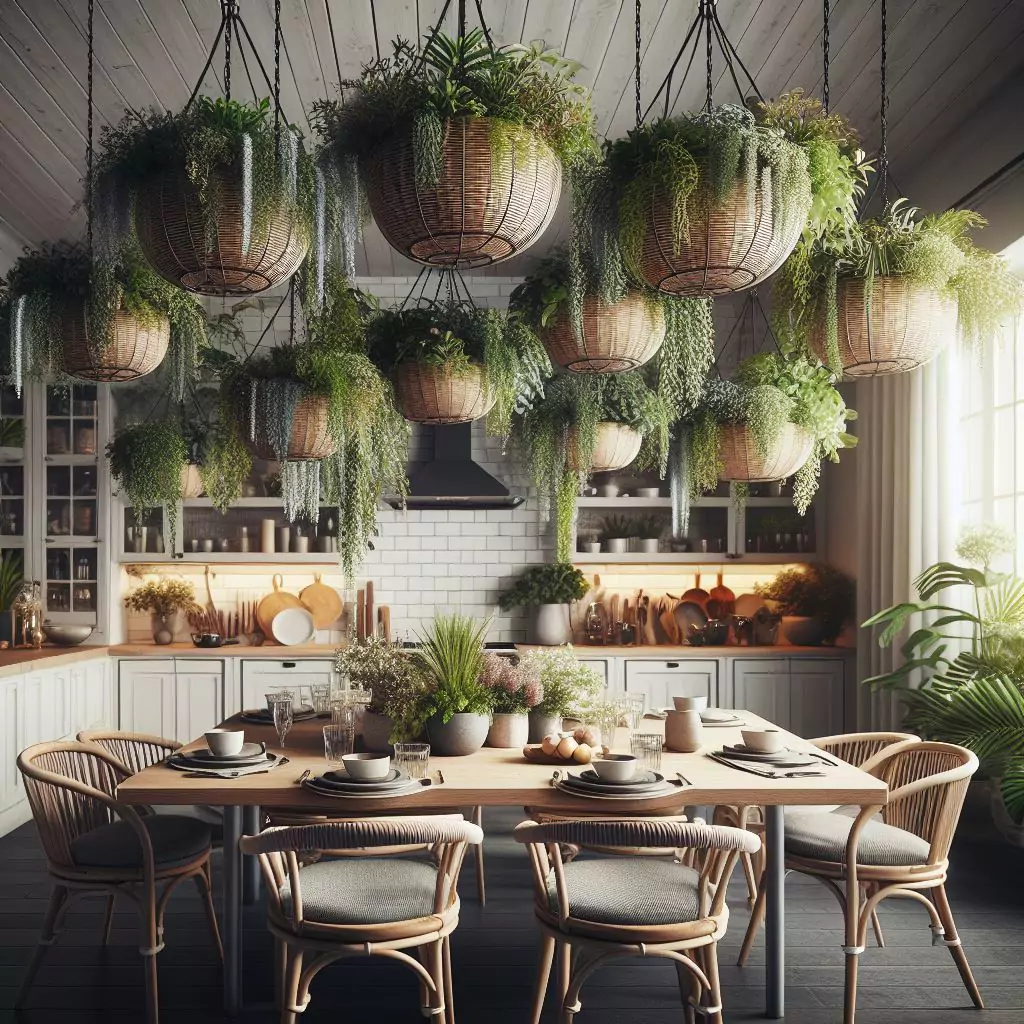 "A hanging garden above the dining area in a kitchen, featuring baskets filled with cascading plants or herbs, creating a cozy atmosphere and adding a touch of nature to the mealtime experience."

