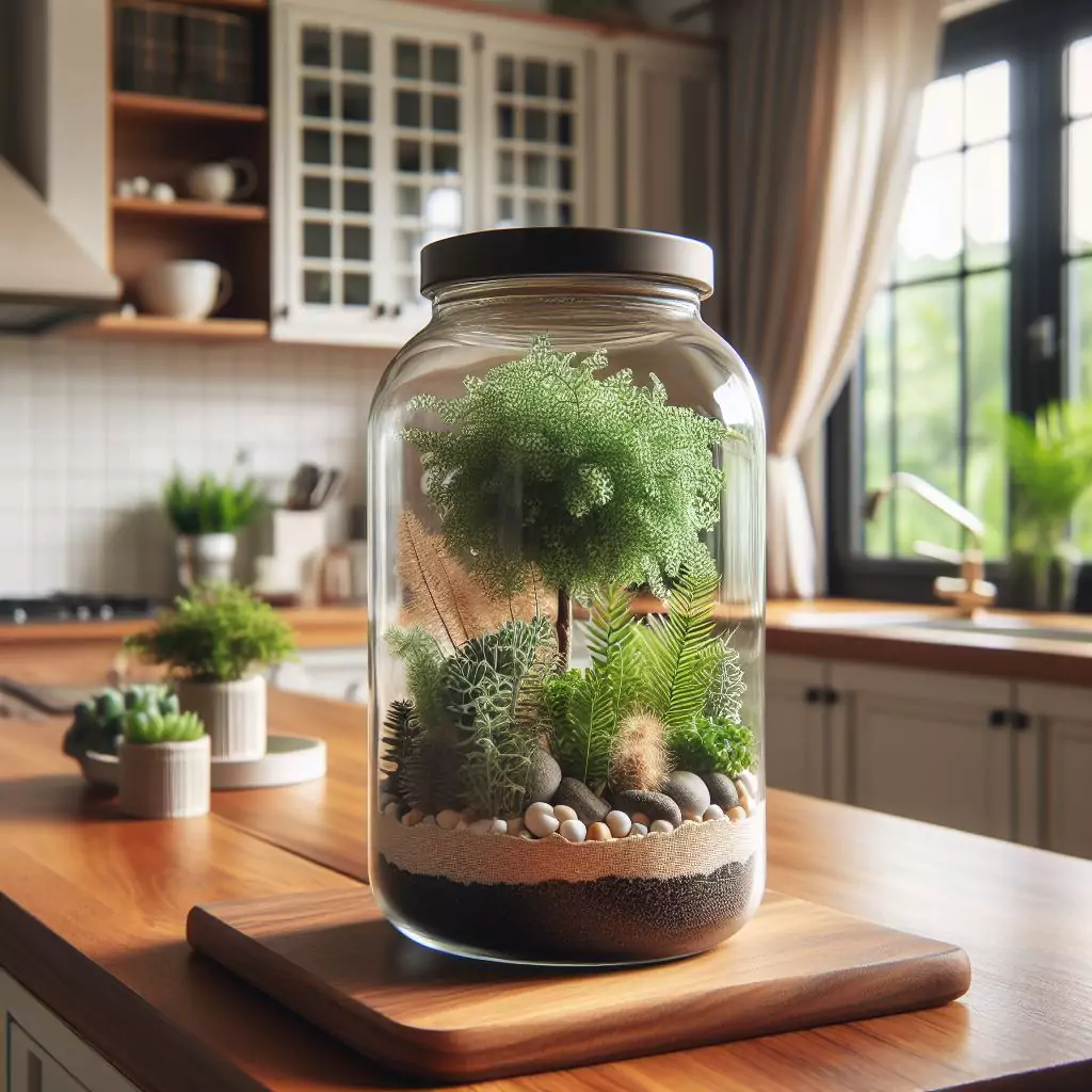 "A captivating terrarium set up in a glass jar in a kitchen, featuring small plants like ferns, mosses, or air plants arranged in layers of soil, rocks, and decorative elements for a captivating miniature garden display."
