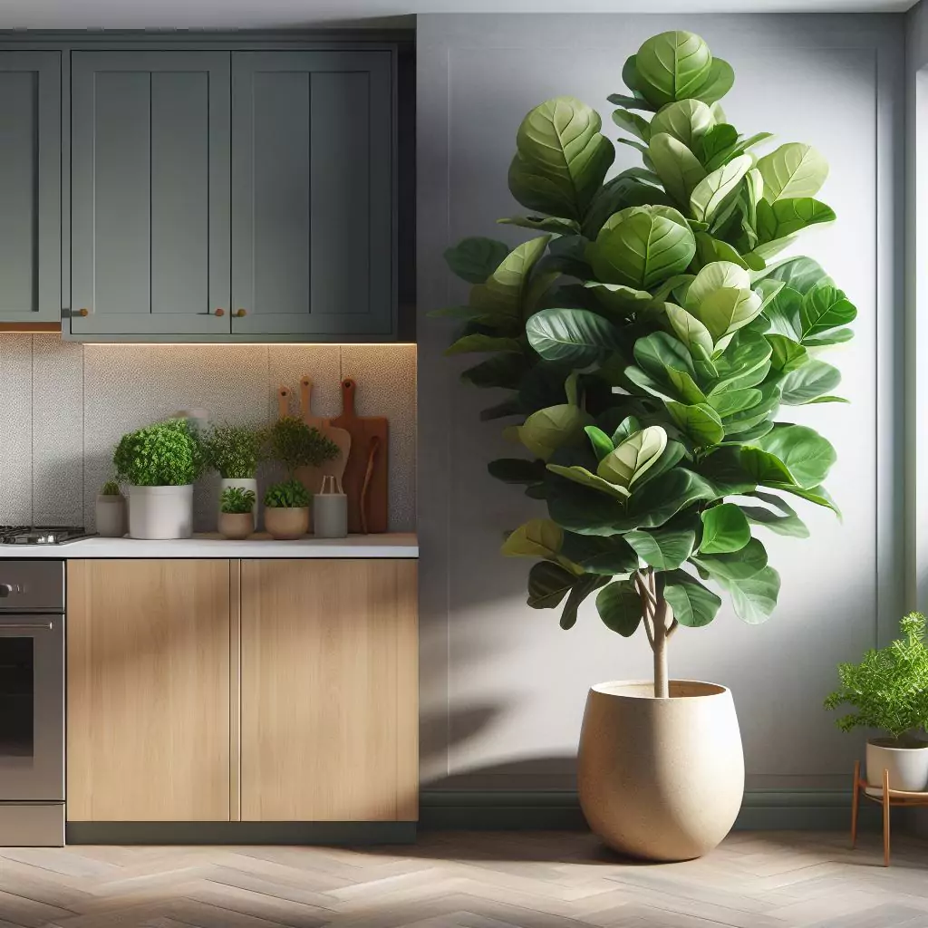 A large potted plant, such as a fiddle leaf fig or a rubber plant, placed in a corner of a kitchen, transforming the space into a green oasis and adding a dramatic focal point with lush foliage.