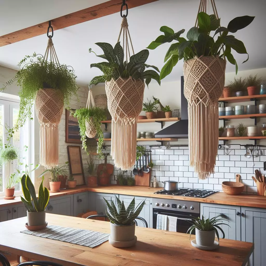  "Stylish macramé plant holders hanging from the ceiling in a kitchen, accommodating trailing plants and adding a bohemian flair, texture, and visual interest to the space."