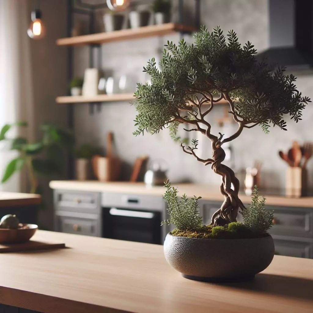 a close look of A miniature indoor tree, such as a bonsai, placed on a kitchen island, serving as a statement piece and adding a natural focal point with height variation to the decor. 