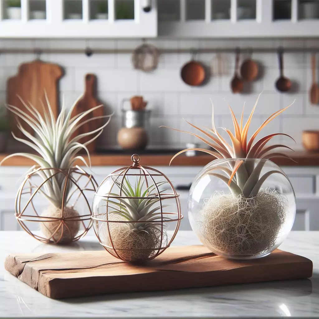 Air plants in unique containers like glass orbs, driftwood pieces, or geometric holders as part of kitchen decor, adding a modern touch and highlighting their low-maintenance nature.