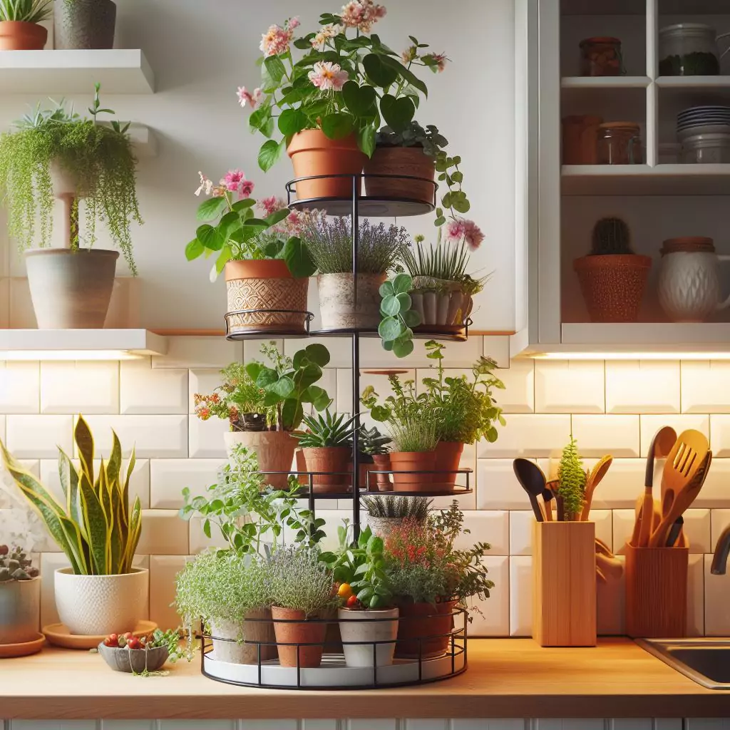 "A plant stand with multiple tiers in a kitchen, showcasing a variety of plants including flowering plants, herbs, and succulents in different heights, creating a dynamic and visually appealing display."