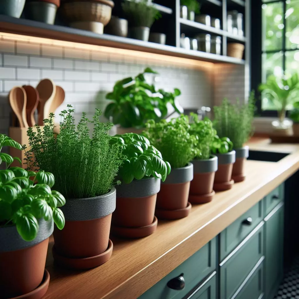 "Potted herbs lined along the kitchen counter, adding a pop of green and providing convenience for snipping fresh herbs while preparing meals."