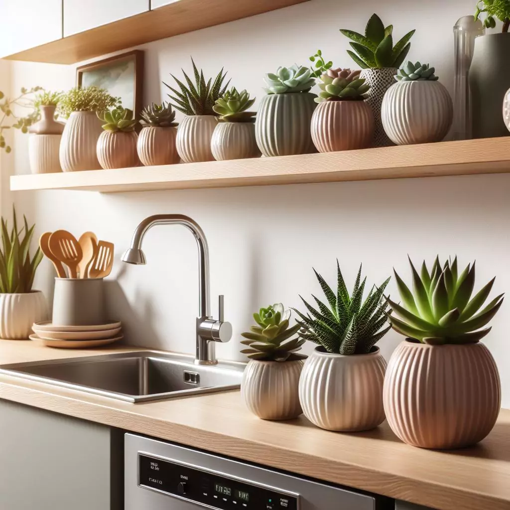 "Adorable pots with succulents displayed on open kitchen shelves, adding a touch of greenery to the decor and highlighting their low-maintenance nature."
