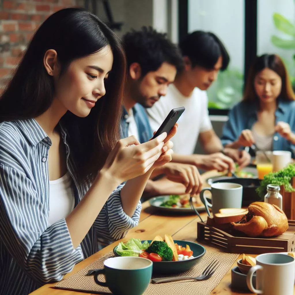 A person using a phone on the dining table while other people are eating food