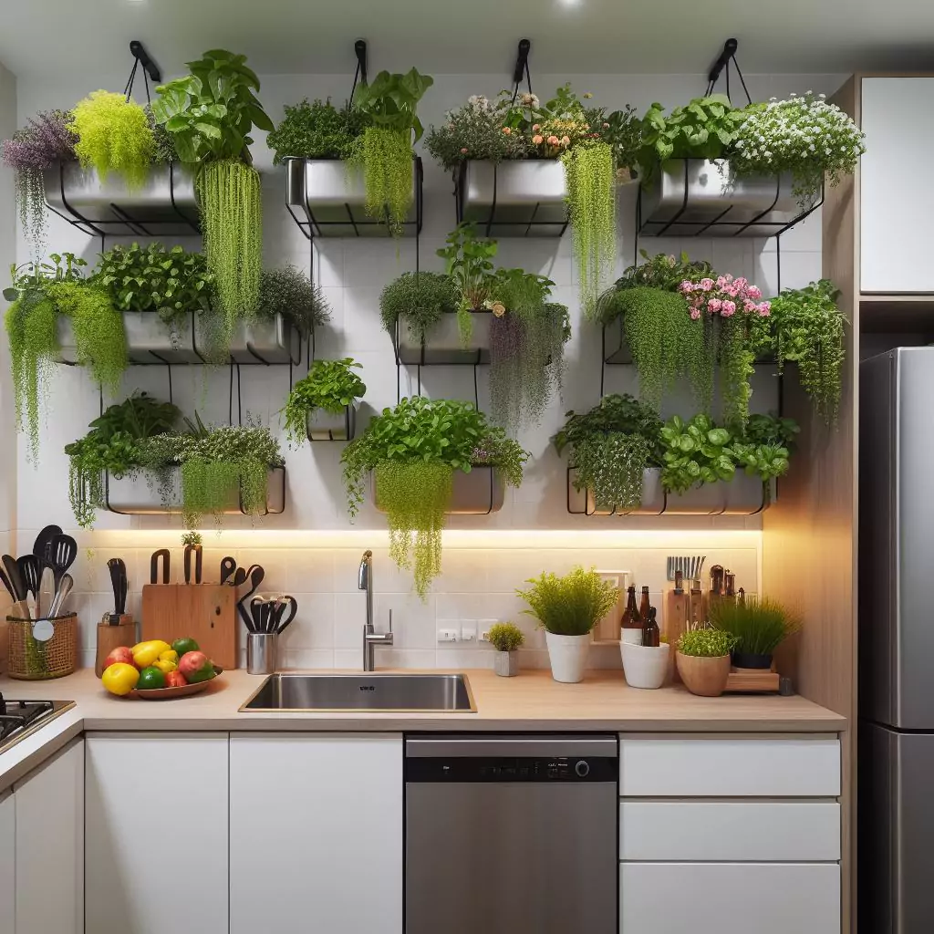 A vertical garden with hanging planters in a kitchen, featuring a variety of herbs, small vegetables, and flowering plants, creating a lush green display that maximizes vertical space. The countertop has a gas stove, stainless steel kitchen sink with a faucet, and dishwasher