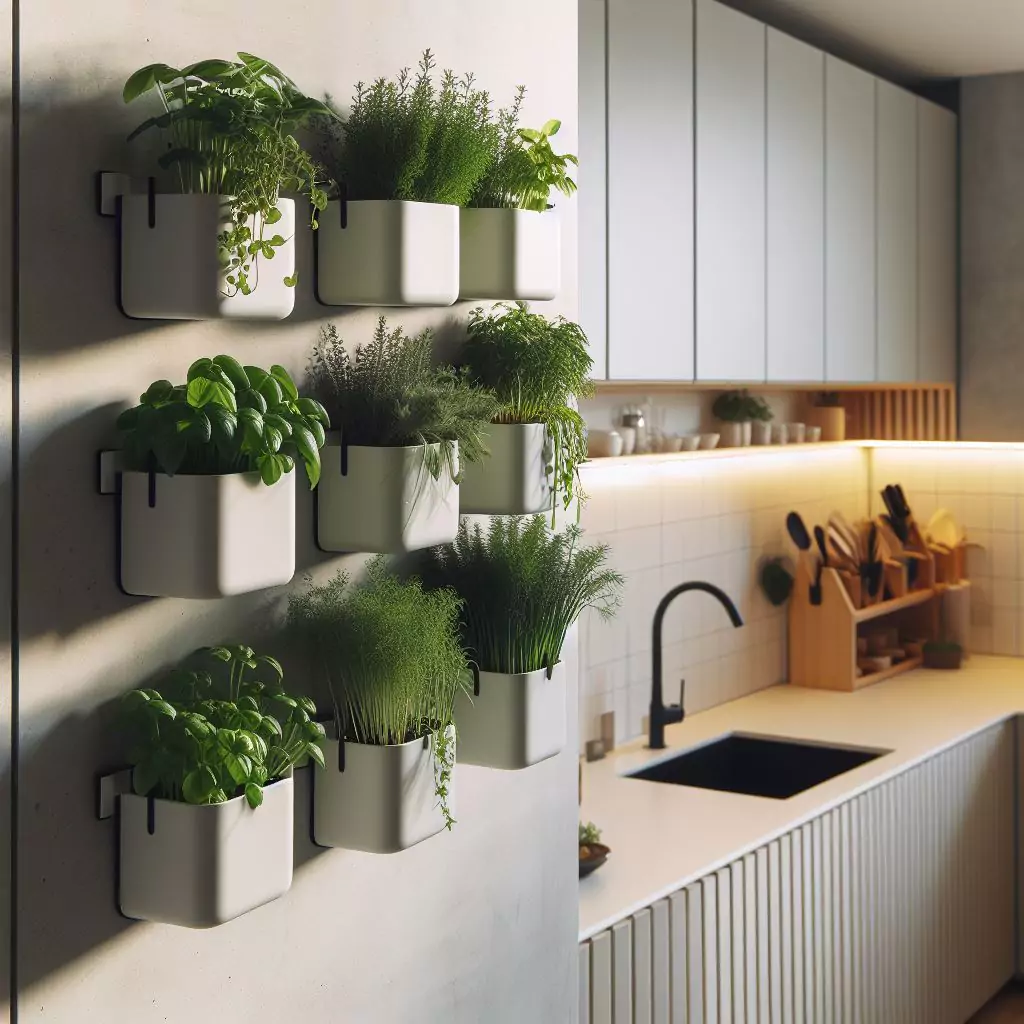 a close look of a Vertical wall-mounted planters in a kitchen with limited floor space, attached to walls or backsplashes, allowing herb or small plant growth without cluttering countertops.