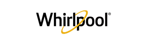The image depicts the Whirlpool logo, which consists of the word “Whirlpool” in bold black letters with a stylized yellow swirl integrated into the lettering. The logo is set against a plain white background. Additionally, there is a registered trademark symbol (®) at the upper right corner of the logo.