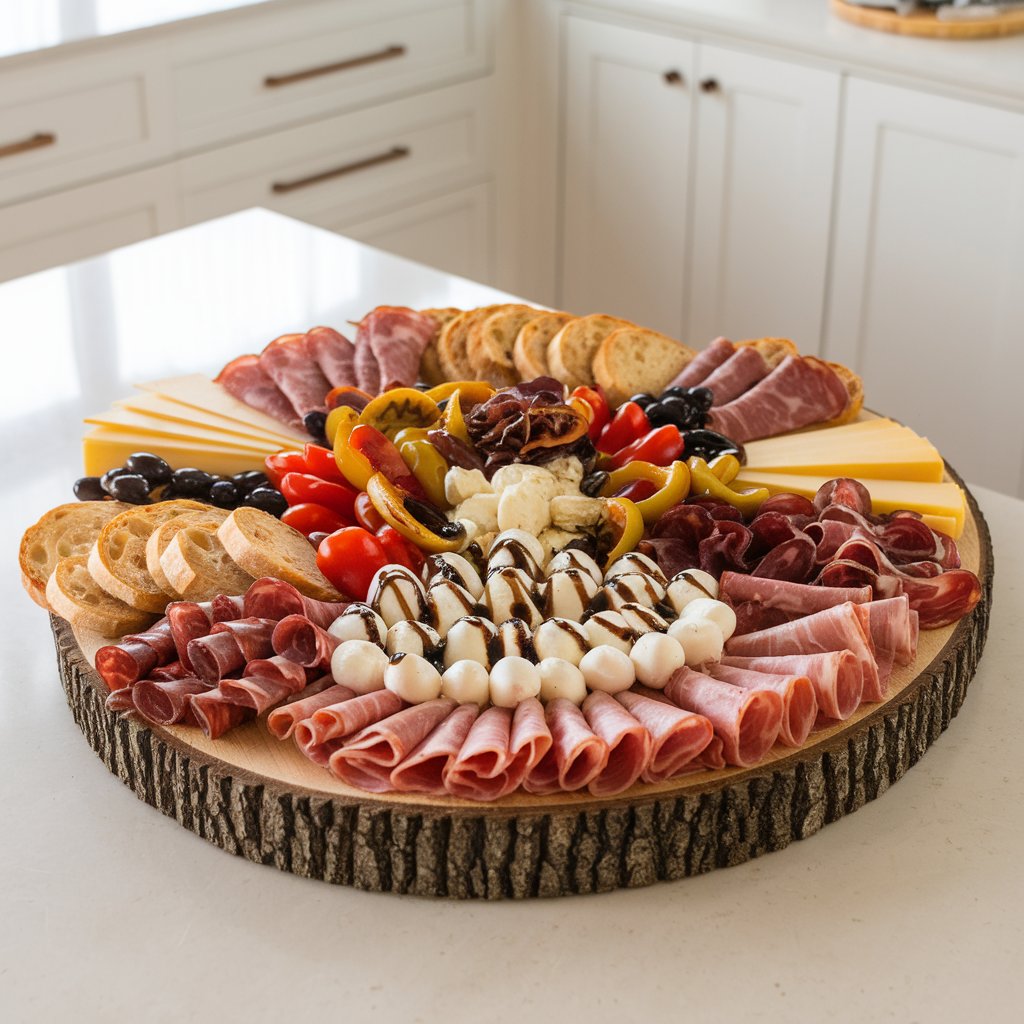A photo of a large rustic wooden charcuterie board placed on a bright plain white kitchen countertop at a baby shower. The board is filled with a variety of antipasto items. Thinly sliced cured meats like prosciutto, salami, and coppa are arranged alongside an assortment of cheeses, such as brie, sharp cheddar, and creamy mozzarella balls. Roasted red peppers, marinated olives, and sun-dried tomatoes add a burst of vibrant color. Small crusty bread slices and crunchy breadsticks are neatly arranged at the edges for pairing. A drizzle of balsamic glaze over the mozzarella provides a rich, finishing touch. The natural light highlights the textures and colors, making this appetizer spread look sophisticated and abundant.