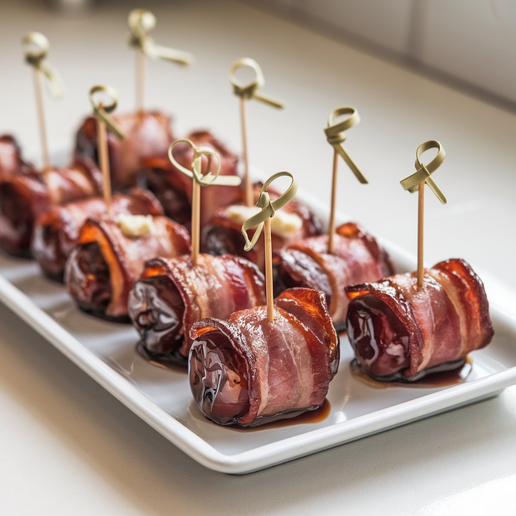 A photo of a small, elegant white tray lined with glossy, perfectly cooked bacon-wrapped dates. Each date is skewered with a decorative toothpick and placed on a bright plain white kitchen countertop at a baby shower. The bacon is crisp and caramelized, wrapping snugly around each plump, dark date. Some dates are garnished with a light crumble of goat cheese or a sliver of almond peeking out from the ends. A tiny drizzle of balsamic glaze adds shine and depth of flavor. The soft glow of natural light brings out the rich brown tones of the bacon and the sticky sheen of the dates, creating a mouthwatering visual contrast.