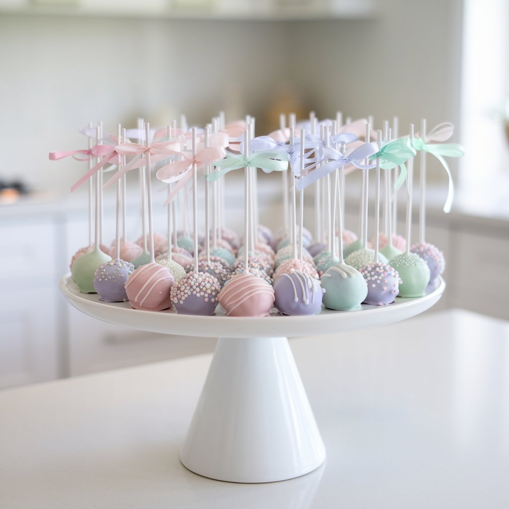 A photo of a tall, white cake pop stand holding an assortment of beautifully decorated cake pops. The cake pops are arranged in neat rows on a bright plain white kitchen countertop at a baby shower. Each cake pop is coated in smooth pastel-colored chocolate, featuring soft hues of pink, blue, lavender, and mint green. Some cake pops are decorated with delicate white chocolate drizzles, while others are adorned with tiny edible pearls and sprinkles. The sticks are wrapped with thin satin ribbons in coordinating pastel colors, giving the display a charming and festive touch. The natural light highlights the glossy chocolate coatings and intricate decorations, making these bite-sized treats look elegant and delightful.
