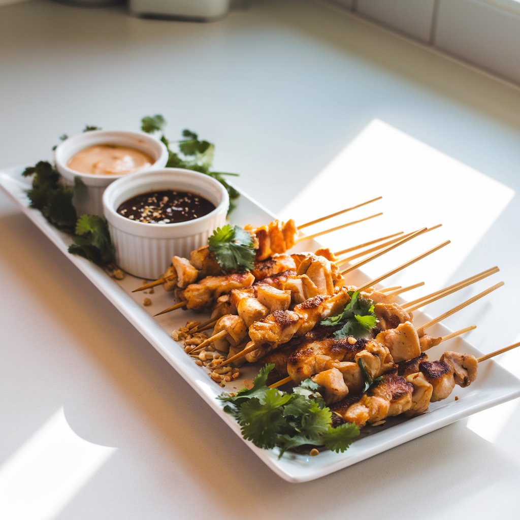 A photo of a long, narrow white platter with golden-brown chicken satay skewers on a bright plain white kitchen countertop at a baby shower. There are small white ramekins of creamy peanut sauce and tangy soy-based dipping sauce. The platter is garnished with fresh cilantro and crushed peanuts. The natural light streaming in highlights the juicy, glistening surface of the chicken, making the dish look warm and inviting.