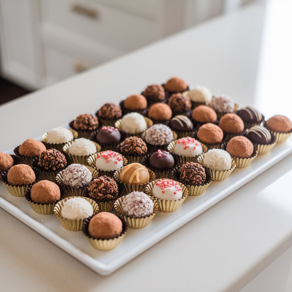 A photo of a sleek white ceramic tray holding an elegant display of chocolate truffles in various finishes, arranged neatly in rows, placed on a bright plain white kitchen countertop at a baby shower. Some truffles are dusted with cocoa powder, others coated in finely chopped nuts, crushed candy canes, or sparkling sugar. The centers include dark chocolate ganache, caramel, or hazelnut cream. Each truffle is nestled in a mini gold foil cup, adding a touch of sophistication. The natural light highlights the smooth, glossy shells and textured coatings, creating a luxurious and indulgent presentation.
