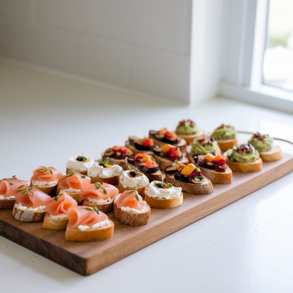 A smooth wooden serving board holds a variety of crostini, each one artfully topped and arranged in neat rows, placed on a bright plain white kitchen countertop at a baby shower. Some slices of toasted baguette are topped with smoked salmon and cream cheese, ricotta and honey, others with roasted vegetables, and balsamic glaze, and a few with avocado mash and chili flakes. The bread is golden and crispy, providing the perfect contrast to the creamy or juicy toppings. Soft natural light filters in from a nearby window, highlighting the textures and rich colors of this elegant, bite-sized snack.