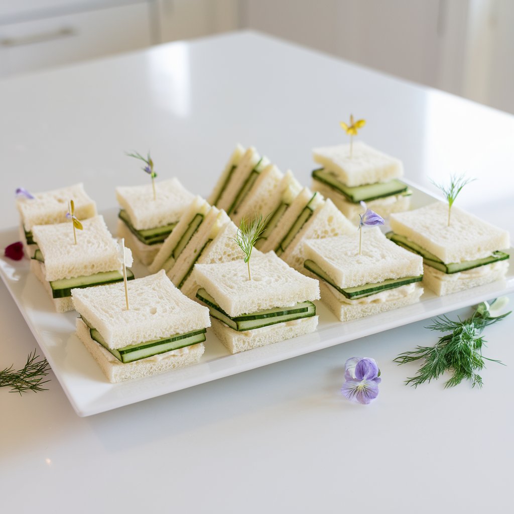 A rectangular white serving tray displays an array of neatly stacked cucumber sandwiches. The sandwiches are placed on a bright plain white kitchen countertop at a baby shower. Each sandwich consists of delicate, crustless white bread slices filled with a light, creamy spread and thinly sliced cucumbers. Some sandwiches are cut into small rectangles, while others are arranged as elegant triangles. Fresh dill sprigs and edible flowers are scattered around the tray, adding a refined touch. The soft glow of natural light emphasizes the fresh, crisp texture of the cucumbers and the smooth, creamy filling, making these dainty sandwiches look perfectly suited for a sophisticated gathering.
