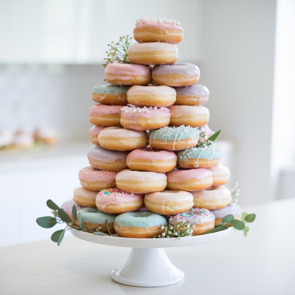 A tall, tiered donut tower stands elegantly on a white cake stand, placed on a bright plain white kitchen countertop at a baby shower. The tower is made up of a mix of classic glazed donuts, powdered sugar donuts, and pastel-frosted varieties in pink, baby blue, and lavender. Some donuts feature delicate white icing drizzles, while others are adorned with tiny edible pearls and colorful sprinkles. The soft, natural light enhances the glossy sheen of the glazes and the fluffy texture of the donuts, making them look irresistibly tempting. A few fresh flowers and greenery are woven into the display, adding a charming touch to the arrangement.