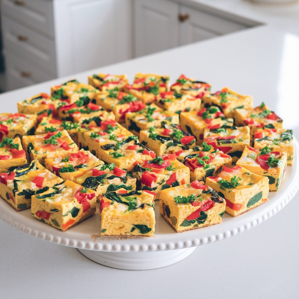 A photo of a large white platter with bite-sized frittata squares. Each square is filled with colorful ingredients like chopped bell peppers, spinach, onions, and cheese. The platter is placed on a bright plain white kitchen countertop at a baby shower. The egg bites have a golden finish and are garnished with a light sprinkle of fresh herbs. The color pops of red, green, and yellow vegetables contrast beautifully with the soft yellow egg base. Soft natural lighting enhances the rich textures and fresh appearance of this healthy, protein-packed option.
