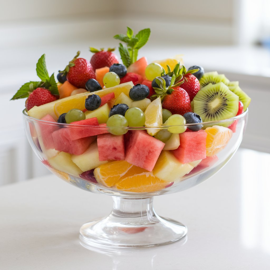 A photo of a large, crystal-clear glass bowl filled with a colorful medley of freshly cut fruit on a bright plain white kitchen countertop at a baby shower. The fruit salad includes vibrant red strawberries, juicy watermelon cubes, peeled orange segments, green grapes, blueberries, and peeled star-shaped kiwi slices. A few mint leaves are scattered throughout, adding a touch of green and a hint of freshness. The fruit glistens under the natural light, with a slight sheen from a light honey-lime glaze that enhances the brightness and freshness of the dish.