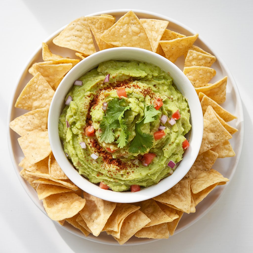 A wide, shallow white bowl is filled with fresh, chunky guacamole. The guacamole is vibrant green, flecked with diced tomato, red onion, and fresh cilantro, and topped with a sprinkle of chili flakes. The bowl is placed at the center of a large, round white platter. Surrounding the bowl are golden tortilla chips. The chips are lightly salted and perfectly crisp, with a few leaning casually into the dip. The bright natural light streaming in highlights the rich, creamy texture of the guacamole and the warm crunch of the chips, making this a classic and inviting snack option.