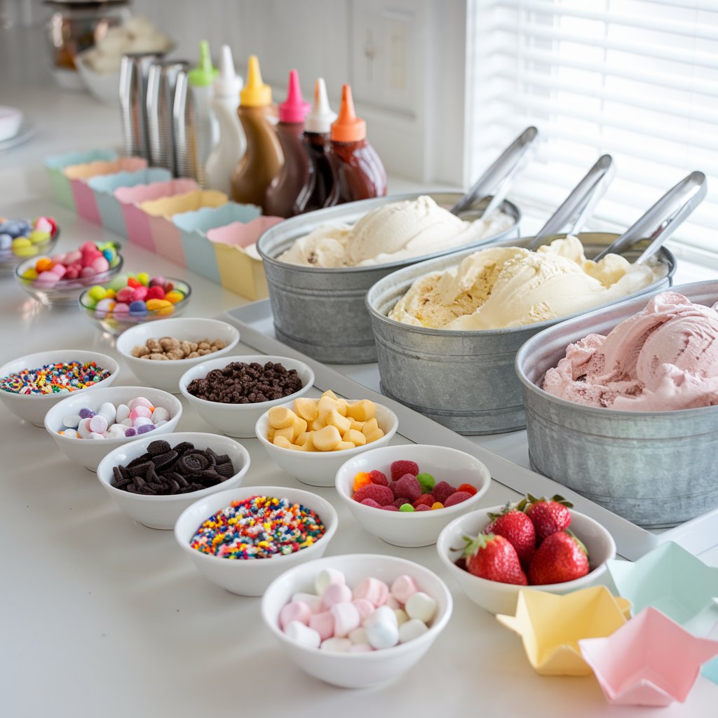 A photo of a festive ice cream sundae bar at a baby shower. The bright plain white kitchen countertop is laid out buffet-style. Multiple small white bowls contain colorful toppings such as rainbow sprinkles, mini marshmallows, crushed Oreos, chopped nuts, gummy bears, and fresh fruit like strawberries and bananas. Three metal tubs hold vanilla, chocolate, and strawberry ice cream, with scoops resting on the sides. Squeeze bottles of chocolate syrup, caramel, and strawberry sauce are neatly aligned, along with whipped cream cans and pastel-colored paper bowls. Natural light highlights the vibrant variety of toppings and the frosty freshness of the ice cream, creating a joyful, interactive dessert station.