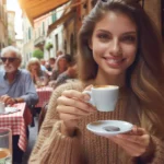 Our author Marigold drinking espresso in Italian restaurant