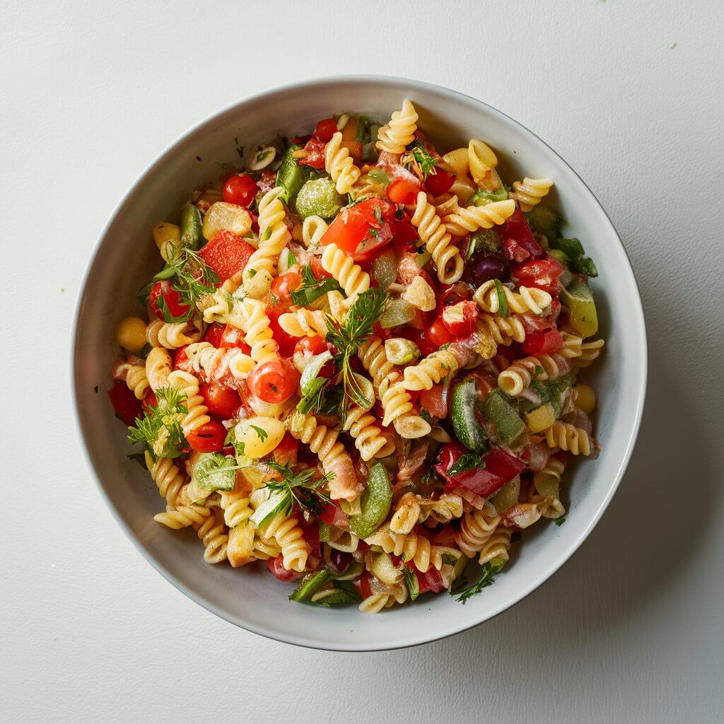 A bowl of colorful pasta salad with fresh vegetables and herbs on a plain and clean white table with no decoration