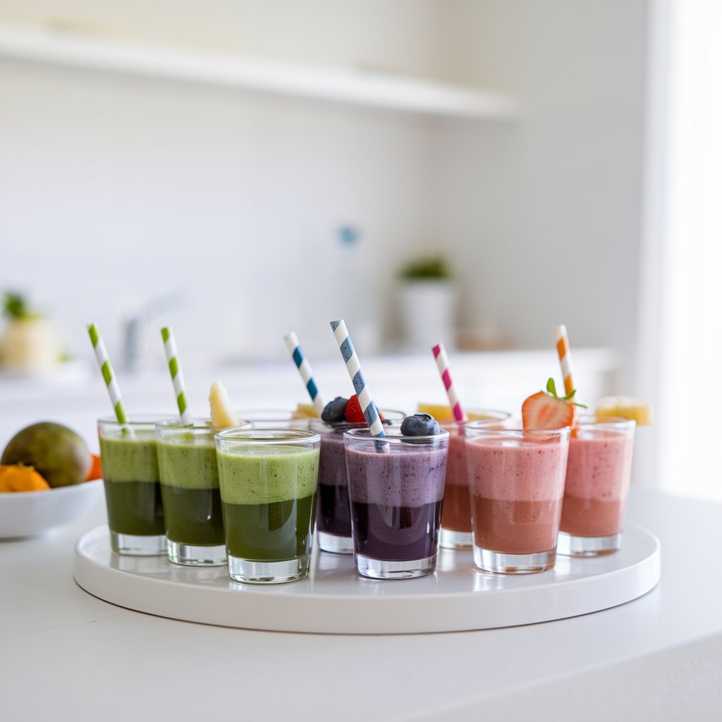 A baby shower is in progress in a bright, plain white kitchen. On the countertop, a sleek white tray holds an array of mini smoothie shots. Each shot is poured into a clear shot glass and comes in layered colors—vibrant green for spinach-kale, rich purple for blueberry-acai, and soft pink for strawberry-banana. Each glass is topped with a tiny fruit garnish or a paper straw. The smooth textures and vibrant hues are beautifully illuminated by natural light, giving the impression of freshness and health in every sip.