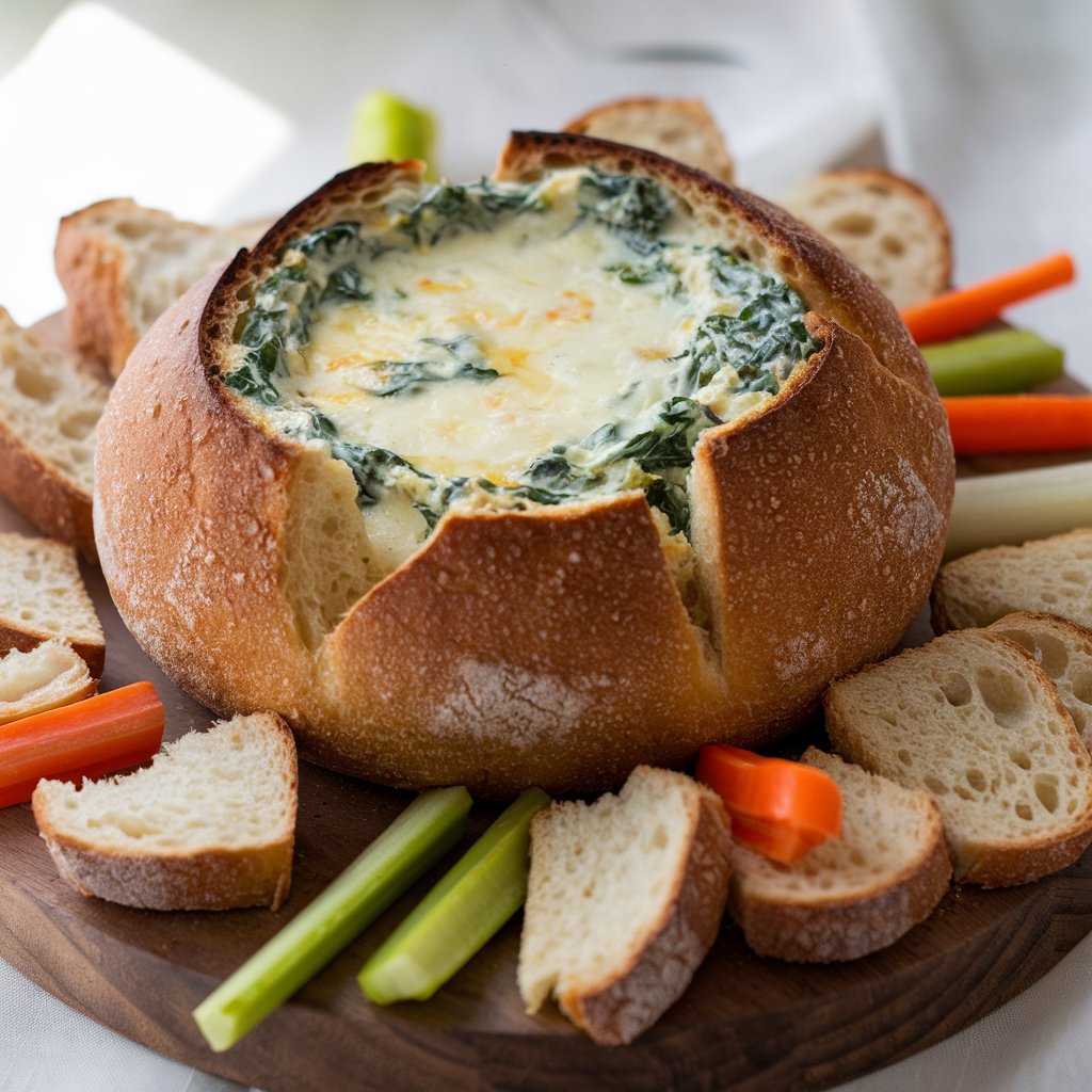 A rustic round sourdough loaf sits at the center of a wooden serving board, hollowed out and filled to the brim with creamy spinach dip. The dip is a smooth blend of spinach, sour cream, and melted cheese, with visible green flecks and a golden top layer. Around the bread bowl, there's a casual scatter of torn bread chunks and colorful vegetable sticks—carrots, celery, and bell peppers—for dipping. The crust of the bread is deeply golden and crisp. The scene is bathed in soft natural light, emphasizing the cozy, homemade charm of this savory centerpiece.