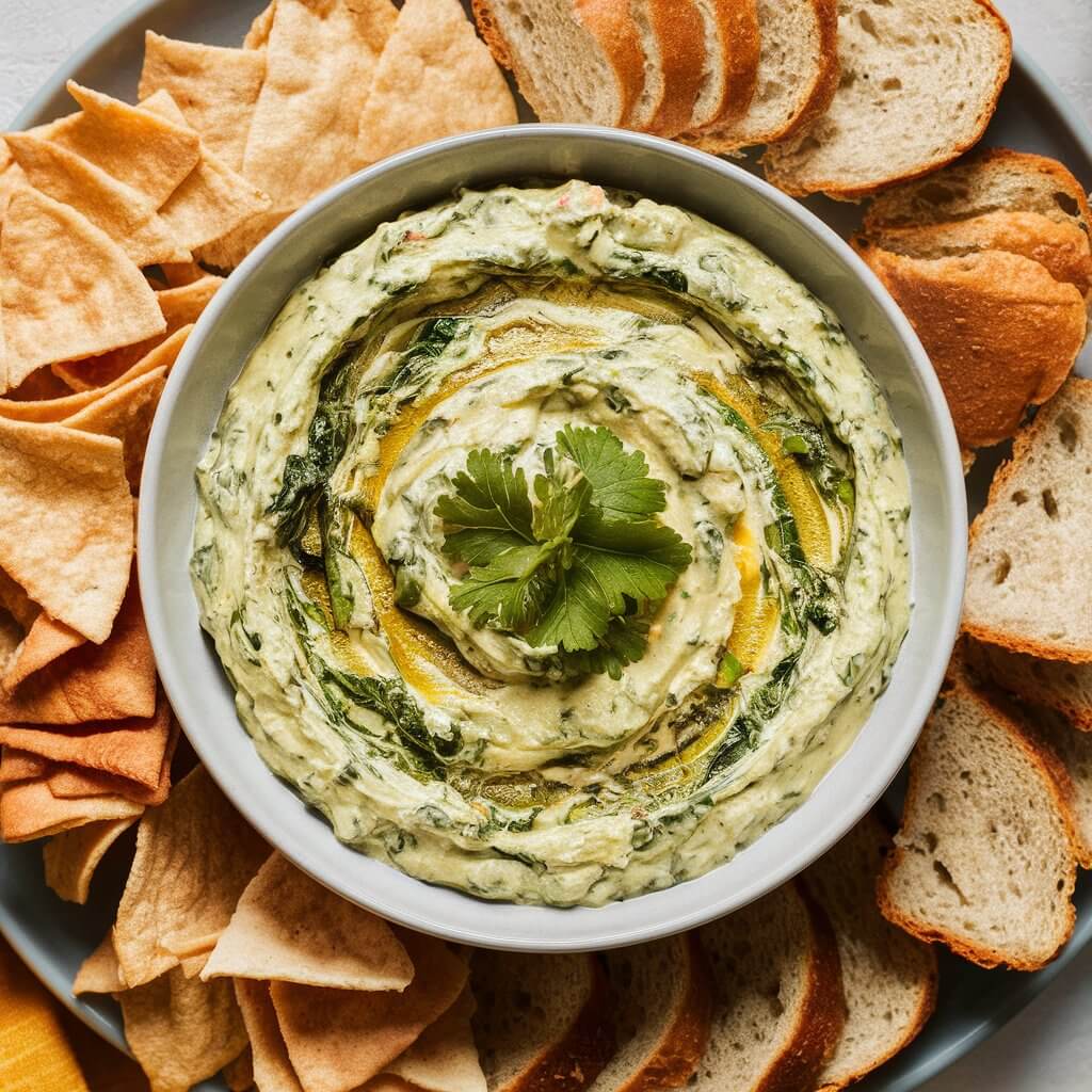 A bowl of creamy spinach and artichoke dip surrounded by pita chips and bread slices.